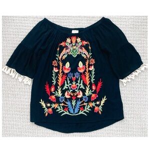 Umgee Off-Shoulder Black Floral Bird Embroidered Bell Tassel Sleeve Top